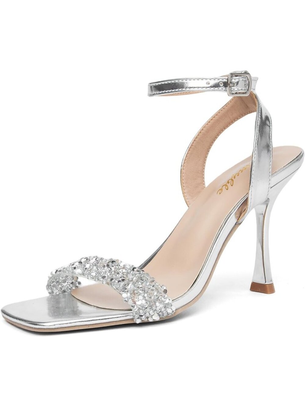 Women’s Silver Faux Leather Square Open Toe Ankle Strap Sparkly Rhinestone Heels